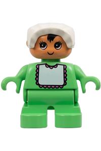 Duplo Baby - Child Duplo figure with light green legs, light green top with white bib and dark pink lace, wearing a white bonnet - 6453pb032