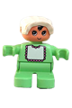 Duplo Figure, Child Type 2 Baby, Light Green Legs, Light Green Top with White Bib with Dark Pink Lace, White Bonnet - 6453pb032