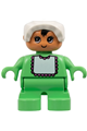 Child Duplo figure with light green legs, light green top with white bib and dark pink lace, wearing a white bonnet - 6453pb032
