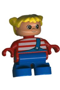 Duplo Figure, Child Type 2 Girl, Blue Legs, Red Top with White Stripes, Yellow Hair Pigtails 6453pb033