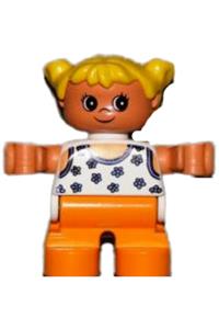 Duplo Figure, Child Type 2 Girl, Orange Legs, White Blouse with Blue Flowers, Yellow Hair Pigtails 6453pb034