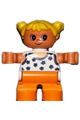 Duplo Figure, Child Type 2 Girl, Orange Legs, White Blouse with Blue Flowers, Yellow Hair Pigtails - 6453pb034