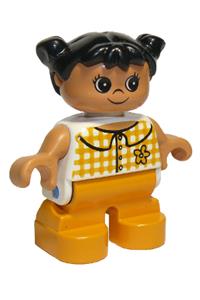 Duplo Figure, Child Type 2 Girl, Orange Legs, Checkered Blouse, Black Hair Pigtails 6453pb035