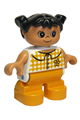 Duplo Figure, Child Type 2 Girl, Orange Legs, Checkered Blouse, Black Hair Pigtails - 6453pb035