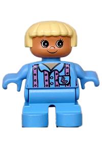 Duplo Figure, Child Type 2 Girl, Medium Blue Legs, Medium Blue Top with Pink Stripes and Bunny Logo, Light Yellow Hair 6453pb036