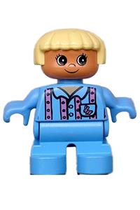 Duplo Child Girl - Duplo figure of a child type 2 girl wearing medium blue legs and top with pink stripes and bunny logo, with light yellow hair - 6453pb036