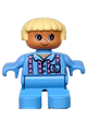 Duplo Figure, Child Type 2 Girl, Medium Blue Legs, Medium Blue Top with Pink Stripes and Bunny Logo, Light Yellow Hair - 6453pb036