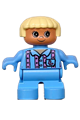 Duplo figure of a child type 2 girl wearing medium blue legs and top with pink stripes and bunny logo, with light yellow hair - 6453pb036