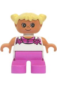 Duplo Child Girl - Child Duplo girl with dark pink legs, white top with pink stripes and flowers, and light yellow hair - 6453pb037