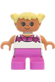 Child Duplo girl with dark pink legs, white top with pink stripes and flowers, and light yellow hair - 6453pb037