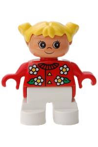 Duplo Figure, Child Type 2 Girl, White Legs, Red Top with Flowers Pattern, Collar And 2 Buttons, Yellow Hair Pigtails 6453pb038