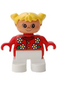 Duplo Child Girl - Girl Duplo child type 2 with white legs, red top with flowers, collar, 2 buttons, and yellow pigtails - 6453pb038
