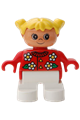 Girl Duplo child type 2 with white legs, red top with flowers, collar, 2 buttons, and yellow pigtails - 6453pb038