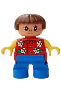 Duplo Figure, Child Type 2 Girl, Blue Legs, Red Torso With Flowers Pattern, Collar And 2 Buttons, Yellow Arms, Brown Hair 6453pb039