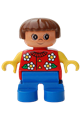 Duplo Figure, Child Type 2 Girl, Blue Legs, Red Torso With Flowers Pattern, Collar And 2 Buttons, Yellow Arms, Brown Hair - 6453pb039