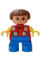Child Duplo girl with brown hair, wearing blue legs, a red torso with flowers, collar, buttons, and yellow arms - 6453pb039