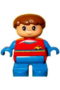 Duplo Figure, Child Type 2 Boy, Blue Legs, Red Top with Yellow and Blue Stripes and Yellow Car Logo, Blue Arms, Brown Hair 6453pb040