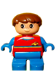 A Duplo child minifigure with blue legs, red top with yellow and blue stripes, yellow car logo, blue arms, and brown hair - 6453pb040