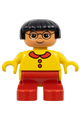Child Type 2 girl Duplo figure with red legs, yellow sweater, black hair, and glasses - 6453pb042