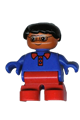 Duplo Figure, Child Type 2 Boy, Red Legs, Blue Top with Red Collar, Black Hair, Glasses - 6453pb044