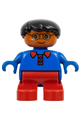 Boy Duplo figure with red legs, black hair, glasses, wearing a blue top with red collar - 6453pb044