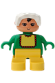 Duplo Figure, Child Type 2 Baby, Yellow Legs, Green Top with Yellow Bib with Red Lace, White Bonnet - 6453pb045