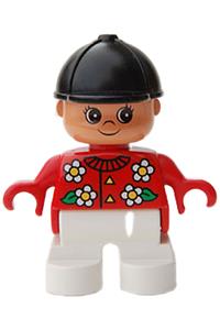 Duplo Child Girl - Child Duplo figure, girl type 2, with white legs, wearing a red top with white flowers and a black riding hat - 6453pb046