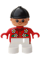 Duplo Figure, Child Type 2 Girl, White Legs, Red Top with White Flowers, Black Riding Hat - 6453pb046