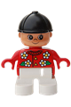 Child Duplo figure, girl type 2, with white legs, wearing a red top with white flowers and a black riding hat - 6453pb046