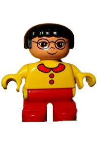 Duplo Figure, Child Type 2 Boy, Blue Legs, Yellow Top with Blue Overalls, Black Hair, Brown Head 6453pb048