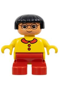 Duplo Child Boy - Boy Duplo figure with blue legs, wearing a yellow top with blue overalls, black hair, and a brown head - 6453pb048
