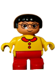 Duplo Figure, Child Type 2 Boy, Blue Legs, Yellow Top with Blue Overalls, Black Hair, Brown Head - 6453pb048