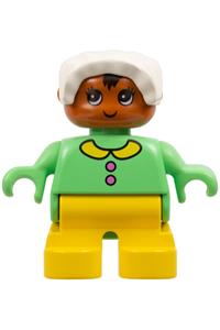 Duplo Baby - Duplo baby figure with yellow legs, wearing a light green top with buttons and collar, and a white bonnet - 6453pb049