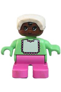 Duplo Baby - Child Duplo figure with dark pink legs, light green top, white bib with dark pink lace, and a white bonnet - 6453pb050