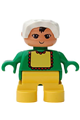 Baby Duplo figure with yellow legs, wearing a light green top with white bib and dark pink lace, topped with a white bonnet - 6453pb052