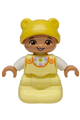Baby Duplo Ville figure with a bright light yellow sleep sack, a white top with paw prints pattern and a yellow hat - 7627pb01