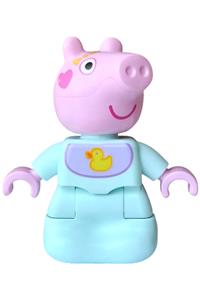 Duplo Baby Evie Pig - Duplo figure Baby Evie pig in light aqua sleep sack with lavender and medium lavender bib, yellow duck and bow pattern - 7627pb02