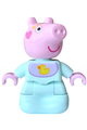 Duplo figure Baby Evie pig in light aqua sleep sack with lavender and medium lavender bib, yellow duck and bow pattern - 7627pb02