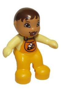Duplo Baby - Baby Duplo figure from Lego Ville wearing bright light orange overalls with a bib featuring a bee pattern and with  a pacifier - 85363pb003