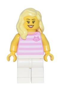 Skyline Express Rider Minifigure - Skyline Express Rider - Female, Bright Pink Striped Shirt with Cat Head, White Legs, Bright Light Yellow Hair - adp018