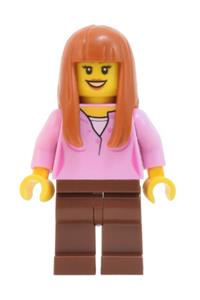 Skyline Express Woman Minifigure - Skyline Express Woman - Bright Pink Top, Reddish Brown Legs, Dark Orange Hair - adp019