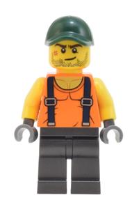 Skyline Express Man Minifigure - Skyline Express Man - Orange Shirt with Suspenders, Pearl Dark Gray Legs, Dark Green Cap - adp021