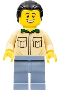 Male Minifigure - Male minifigure with tan shirt, sand blue legs, and black ponytail hair - adp031