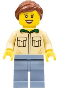Female Minifigure - Female minifigure wearing a tan shirt with reddish brown ponytail hair and sand blue legs - adp032
