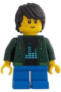 Boy, Dark Green Hoodie Minifigure - Boy wearing a dark green hoodie with bright green drawstrings, black tousled hair, and blue short legs - adp034