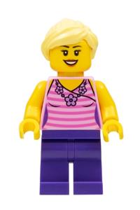 Female Minifigure - Female minifigure with a dark pink striped top, dark purple legs, and a bright light yellow ponytail - adp037