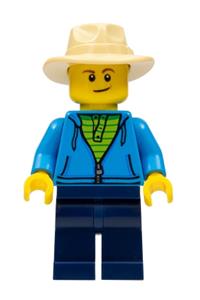 Fisherman Minifigure - Fisherman with tan fedora hat, wearing a dark azure jacket and dark blue legs - adp039
