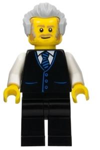 Receptionist Minifigure - Male receptionist with light bluish gray hair, wearing a black vest with blue striped tie and black legs - adp040
