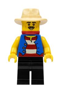 Gondolier Minifigure - Gondolier wearing a red and white striped shirt with a blue vest, black legs, tan fedora hat, and a red bandana - adp043
