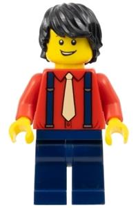 Pianist Minifigure - Male pianist with red shirt, tan tie, dark blue legs, and black hair - adp047